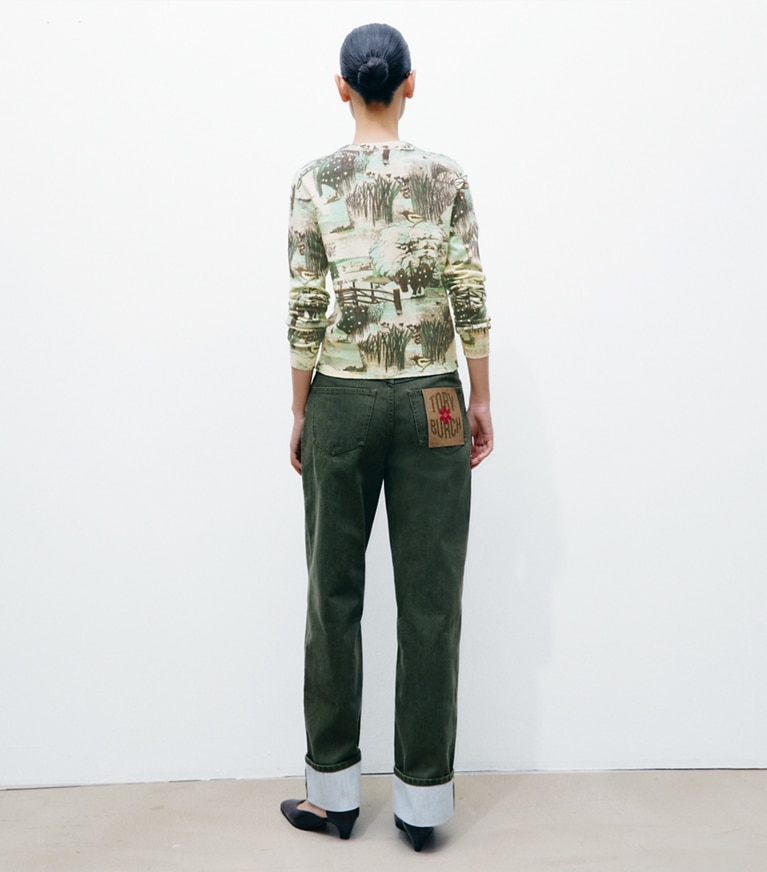 Tory Burch designer sweaters Printed Textured Cotton Cardigan in Yellow Forest on model front