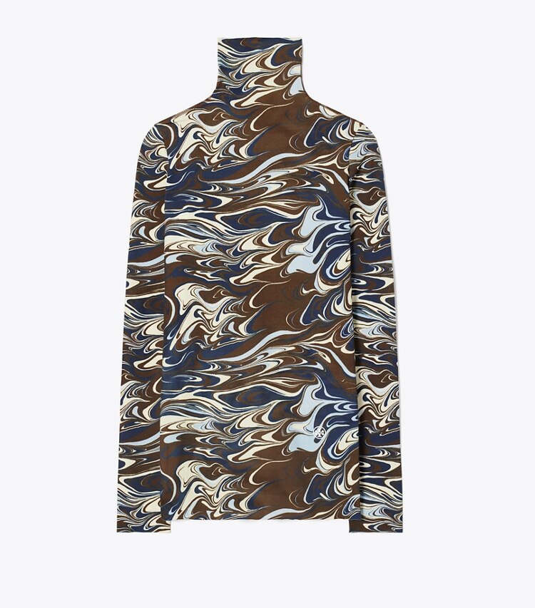 Tory Sport designer tops Printed Tissue-Seamless Mockneck in Dark Roast Marble Splash front