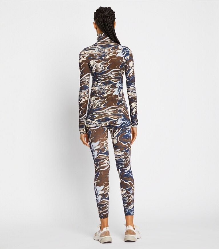 Tory Sport designer tops Printed Tissue-Seamless Mockneck in Dark Roast Marble Splash front