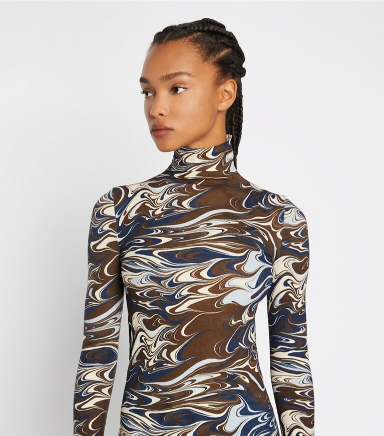 Tory Sport designer tops Printed Tissue-Seamless Mockneck in Dark Roast Marble Splash front