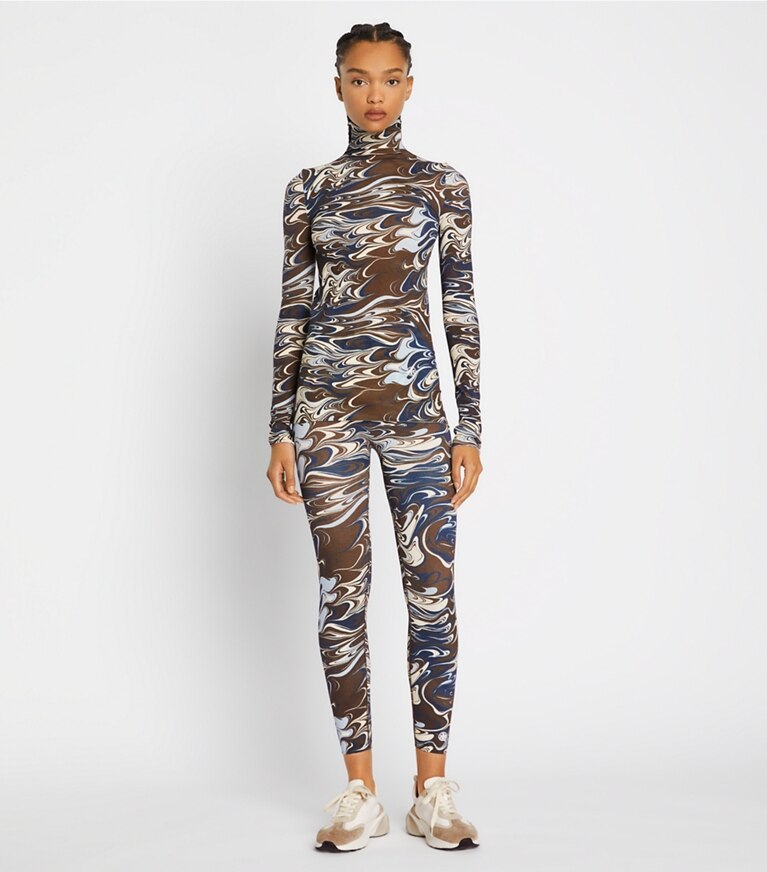 Tory Sport designer tops Printed Tissue-Seamless Mockneck in Dark Roast Marble Splash front