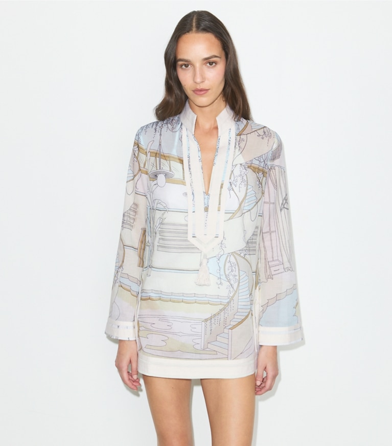 Tory Burch designer coverups Printed Tory Tunic in The Pool Beige on model detail