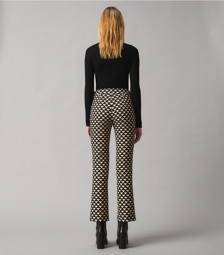 Tory Burch designer bottoms Printed Twill Crepe Pant in TRIANGLE GEO on model back