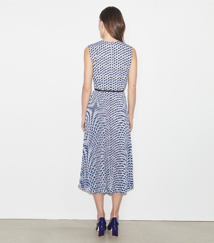 Tory Burch designer dresses Printed Twill Dress in Blue Candy Dots on model back