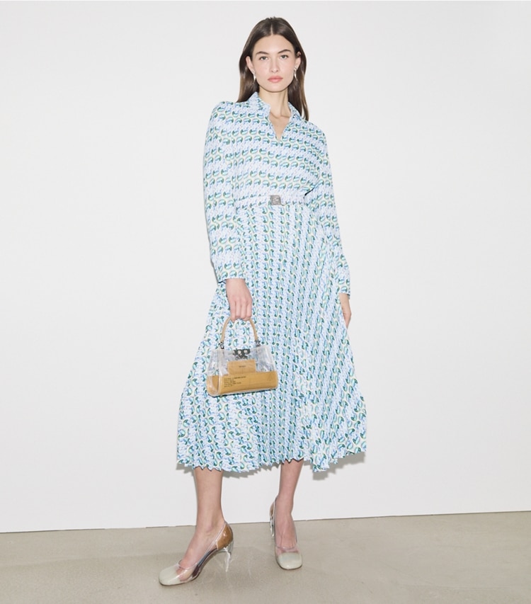Tory Burch designer dresses Printed Twill Dress in Blue Glass Swan Allover on model front