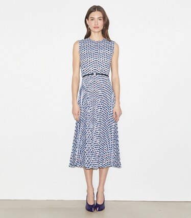 Tory Burch designer ドレス プリント ツイル ドレス in Blue Candy Dots モデル前面