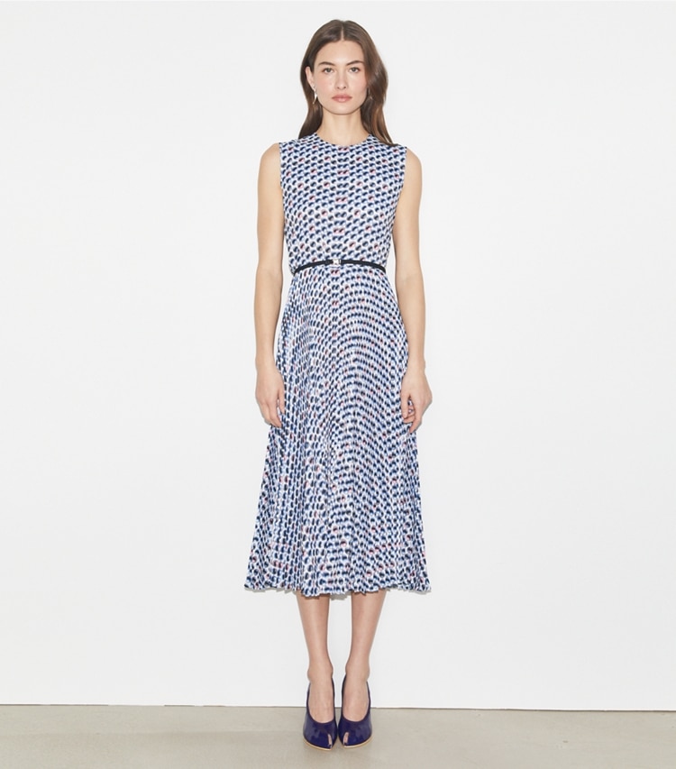 Tory Burch designer dresses Printed Twill Dress in Blue Candy Dots on model front