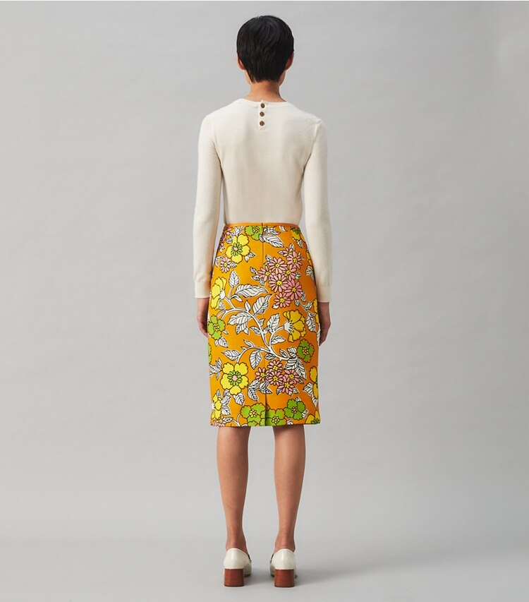 Tory Burch designer bottoms Printed Twill Pencil Skirt in RUST WALLPAPER FLORAL on model back