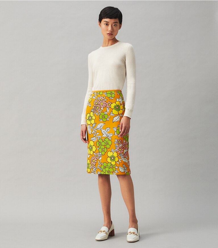 Tory Burch designer bottoms Printed Twill Pencil Skirt in RUST WALLPAPER FLORAL front