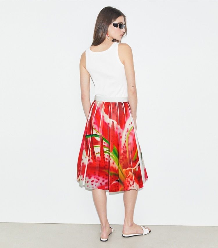 Tory Burch designer bottoms Printed Twill Skirt in Pink Lily on model back