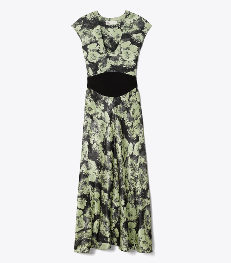 Tory Burch designer dresses Printed U-Neck Viscose Dress in Green Pixel Floral front