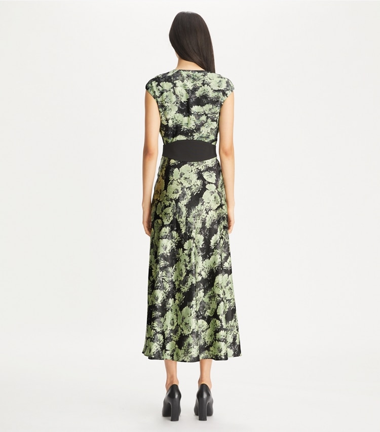 Tory Burch designer dresses Printed U-Neck Viscose Dress in Green Pixel Floral on model back