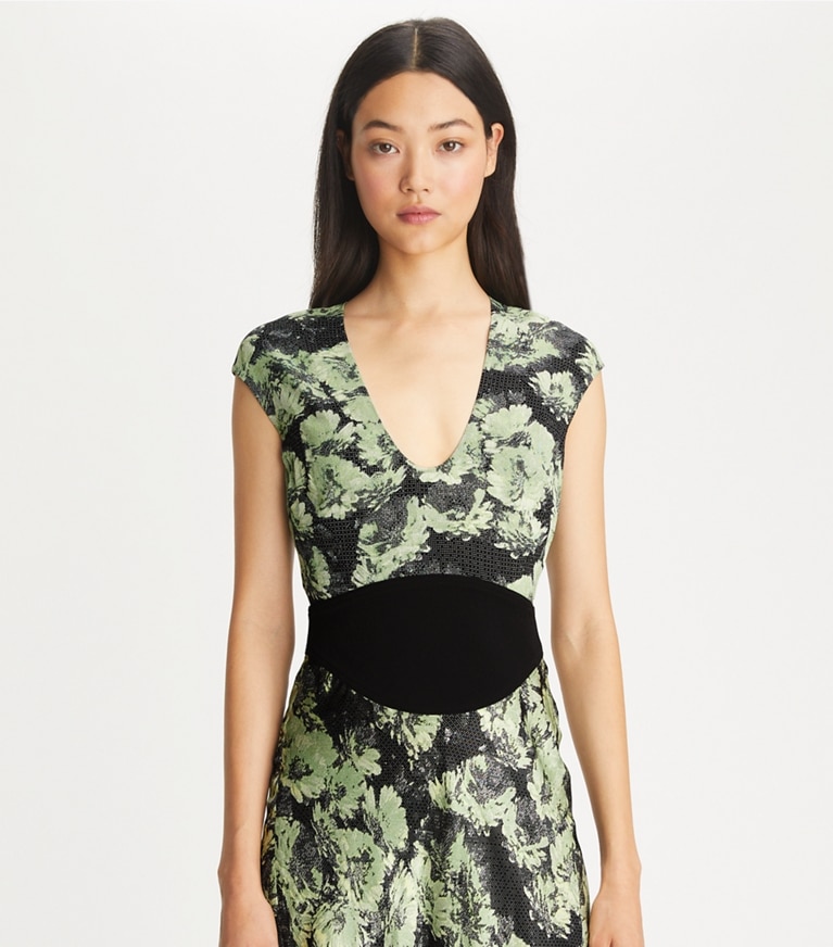 Tory Burch designer dresses Printed U-Neck Viscose Dress in Green Pixel Floral front