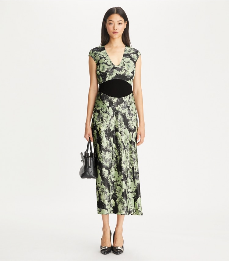 Tory Burch designer dresses Printed U-Neck Viscose Dress in Green Pixel Floral on model front