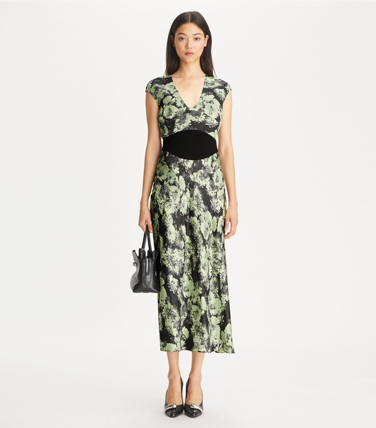 Tory Burch designer dresses Printed U-Neck Viscose Dress in Green Pixel Floral front