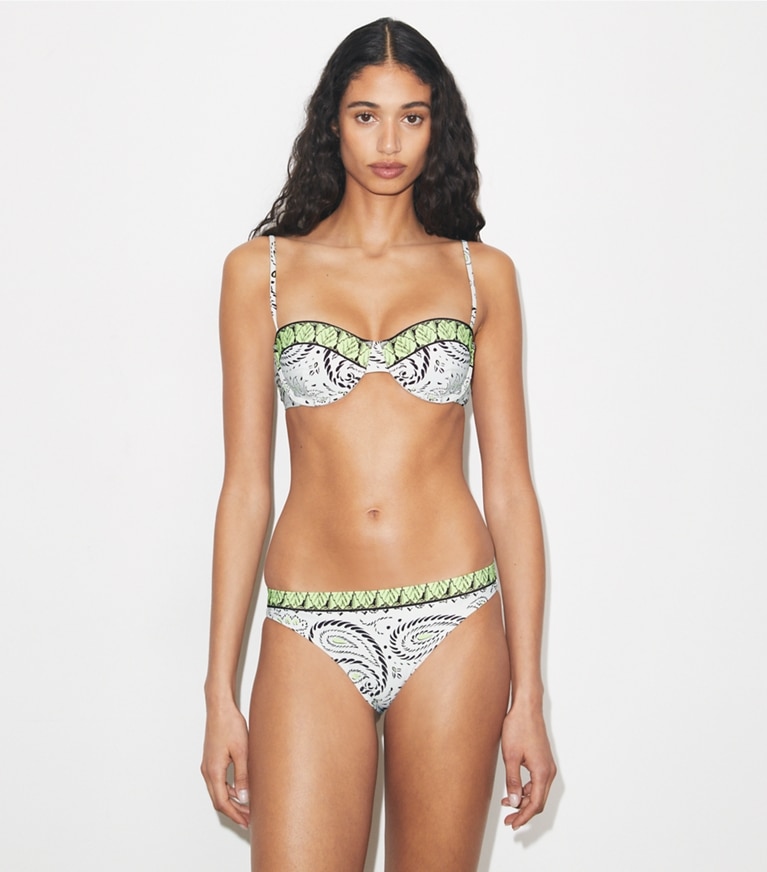 Tory Burch designer two pieces Printed Underwire Bikini Top in Mint Cockatoo on model detail