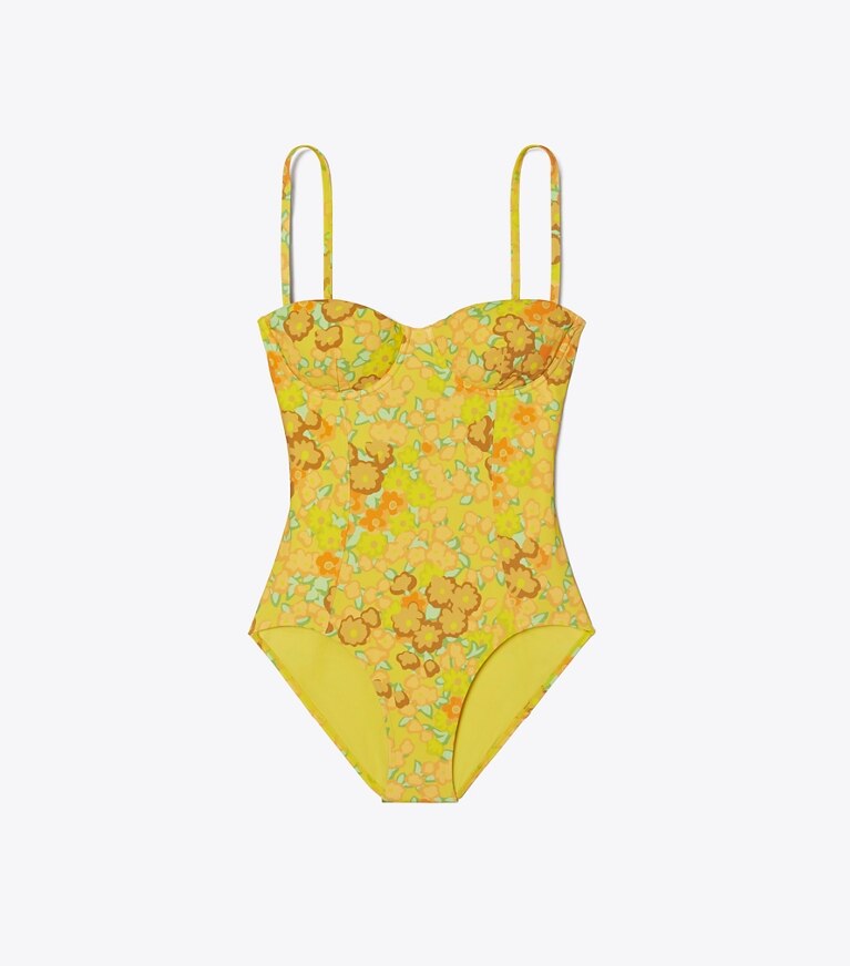 Yellow Floral Underwire One-Piece Swim Dress