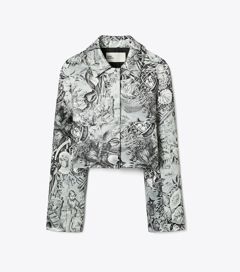 Tory Burch designer jackets Printed Viscose Blazer in Grey Alien front