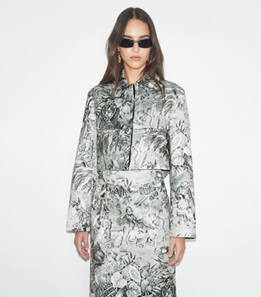 Tory Burch designer jackets Printed Viscose Blazer in Grey Alien on model detail