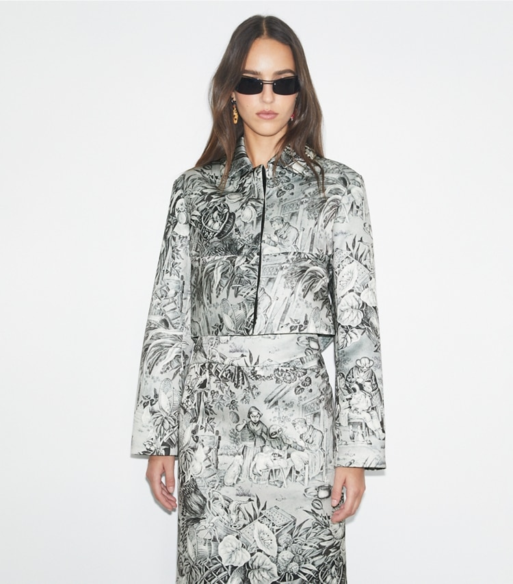 Tory Burch designer jackets Printed Viscose Blazer in Grey Alien on model detail