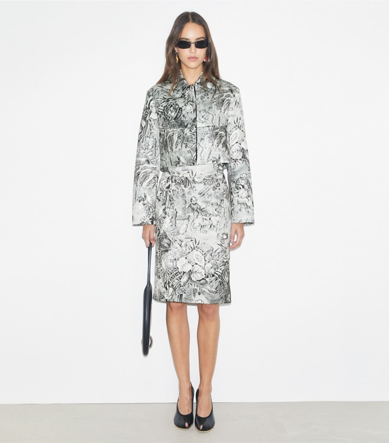 Tory Burch designer jackets Printed Viscose Blazer in Grey Alien front