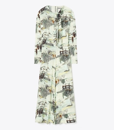 Tory Burch designer dresses Printed Viscose Bow Dress in Yellow Forest front