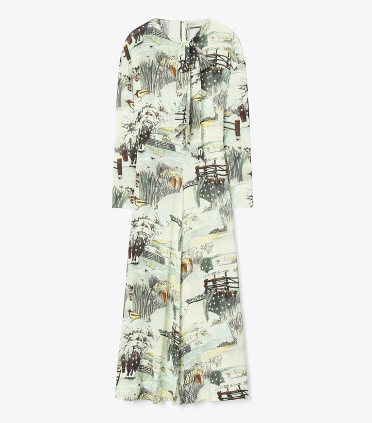 Tory Burch designer dresses Printed Viscose Bow Dress in Yellow Forest front