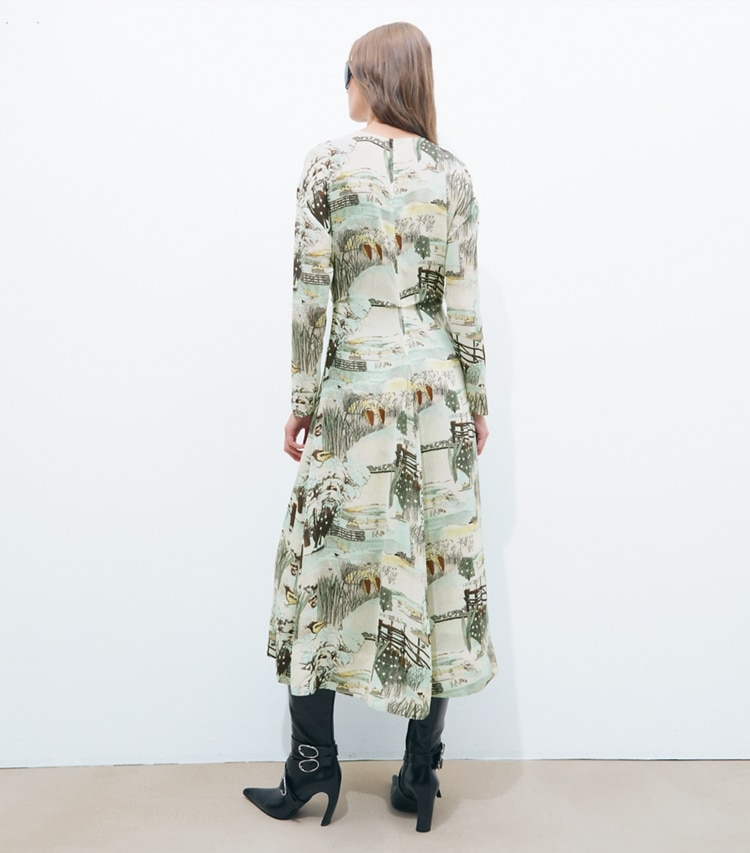 Tory Burch designer dresses Printed Viscose Bow Dress in Yellow Forest on model back