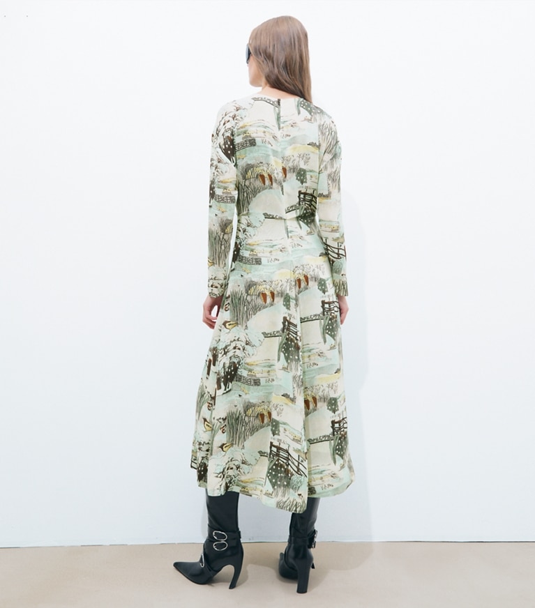 Tory Burch designer dresses Printed Viscose Bow Dress in Yellow Forest on model back