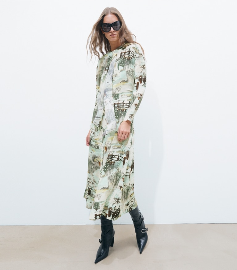 Tory Burch designer dresses Printed Viscose Bow Dress in Yellow Forest on model front