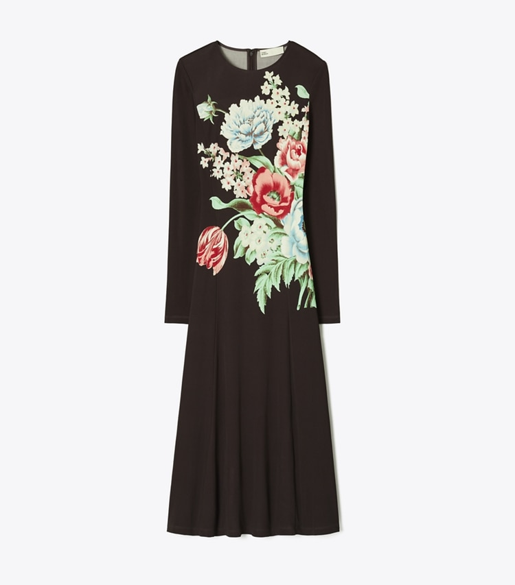 Tory Burch designer dresses Printed Viscose Jersey Dress in Brown Chair Floral front