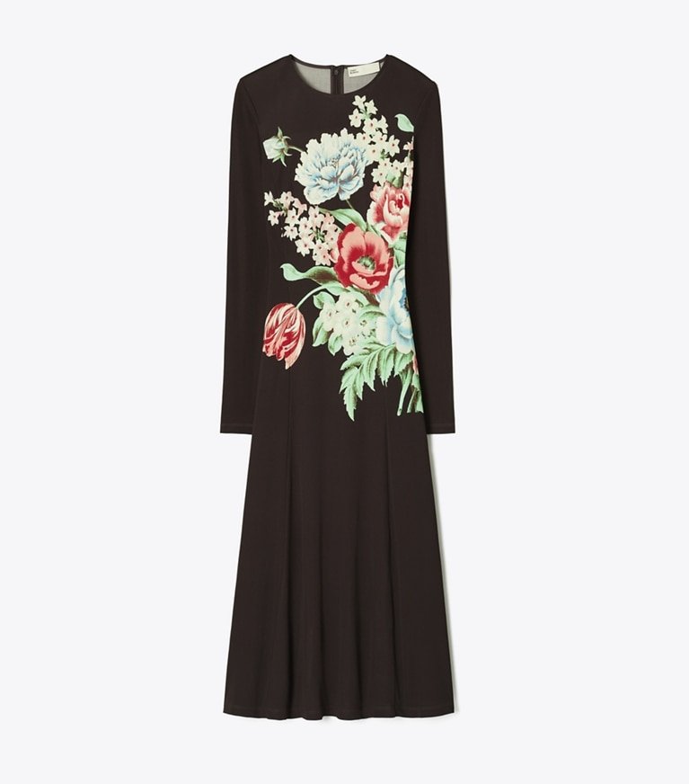 Tory Burch designer dresses Printed Viscose Jersey Dress in Brown Chair Floral front