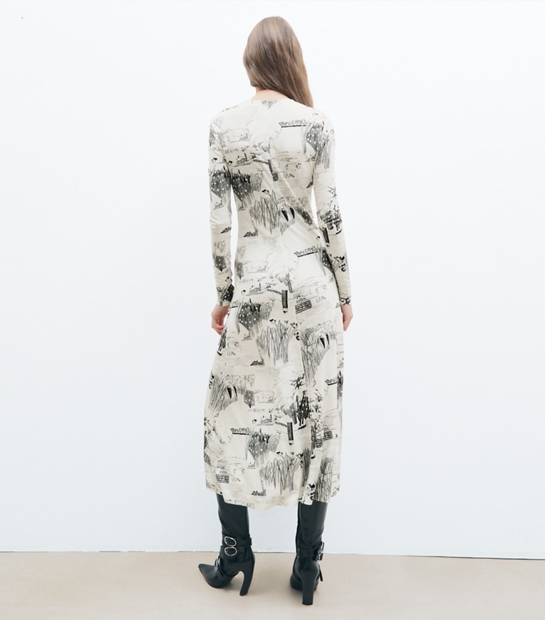 Tory Burch designer dresses Printed Viscose Jersey Dress in Ivory Forest on model back
