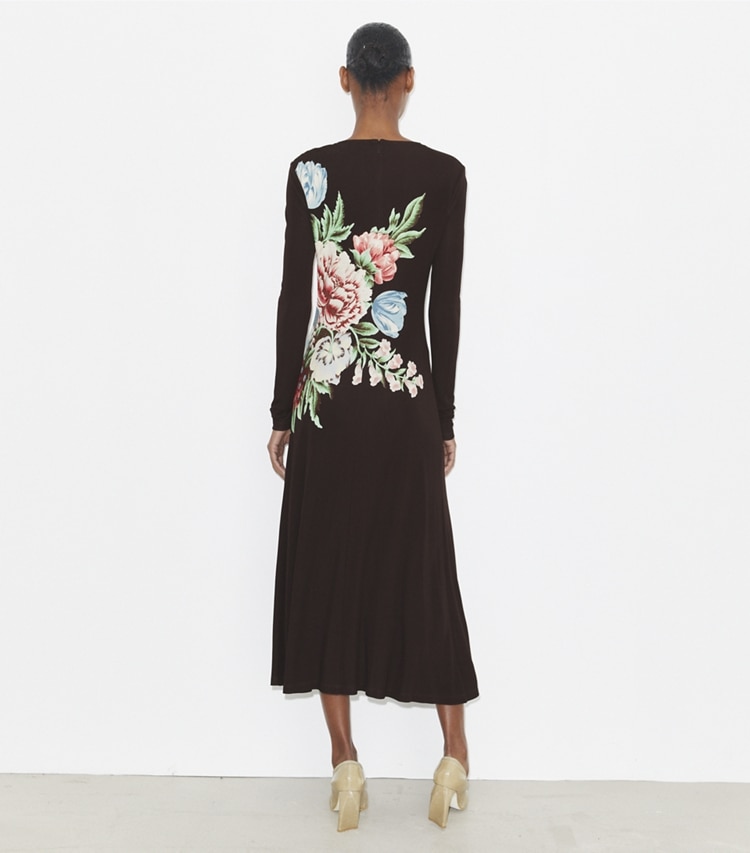 Tory Burch designer dresses Printed Viscose Jersey Dress in Brown Chair Floral on model back