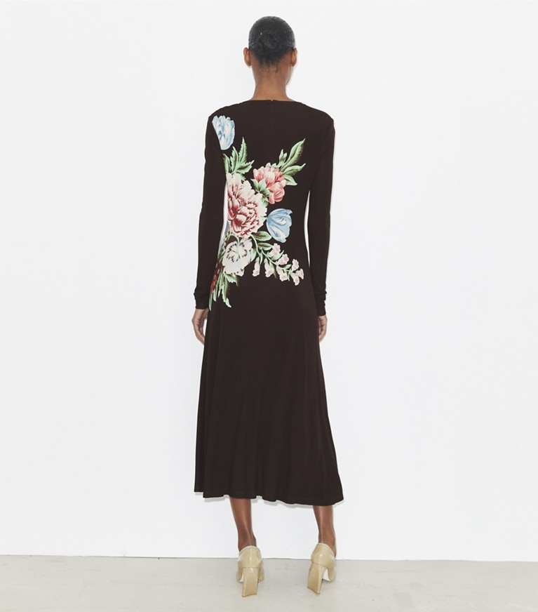 Tory Burch designer dresses Printed Viscose Jersey Dress in Brown Chair Floral front