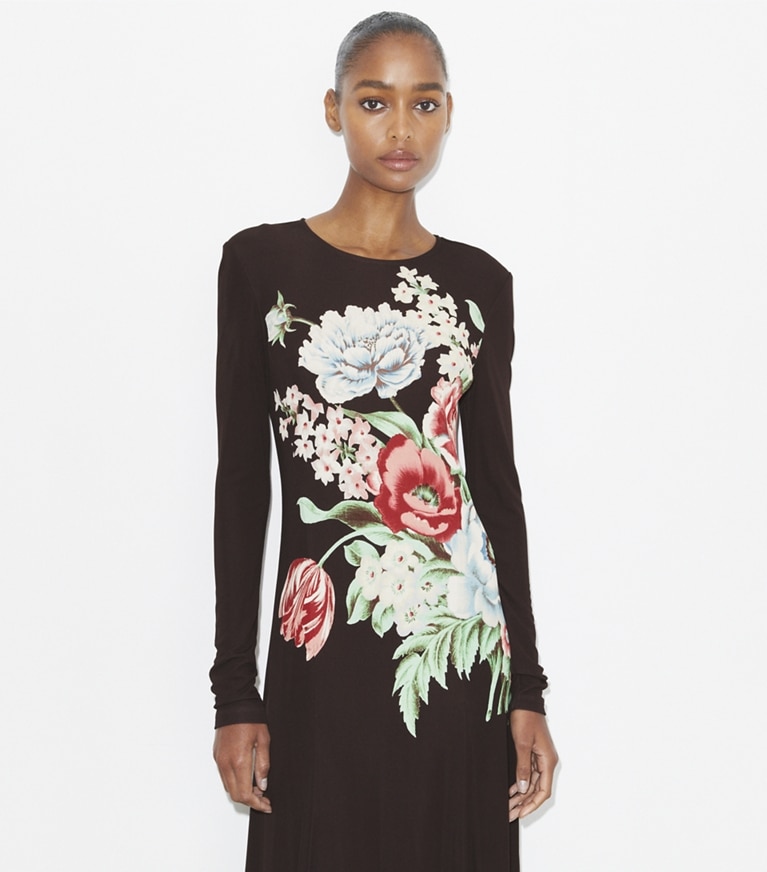 Tory Burch designer dresses Printed Viscose Jersey Dress in Brown Chair Floral front