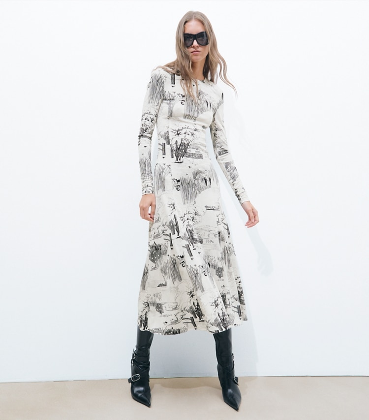 Tory Burch designer dresses Printed Viscose Jersey Dress in Ivory Forest on model front