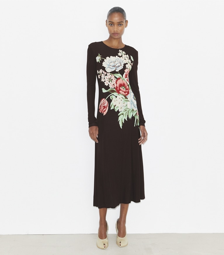 Tory Burch designer dresses Printed Viscose Jersey Dress in Brown Chair Floral front