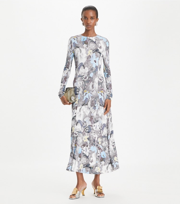 Tory Burch designer dresses Printed Viscose Jersey Dress in Blue Abstract Floral on model front