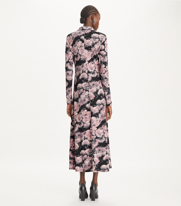 Tory Burch designer dresses Printed Viscose Polo Dress in Pale Pink Pixel Floral on model back
