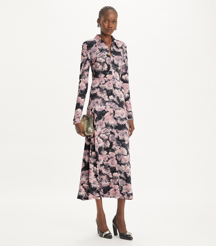 Tory Burch designer dresses Printed Viscose Polo Dress in Pale Pink Pixel Floral on model front