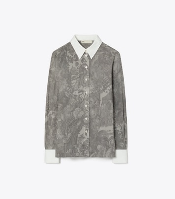Tory Burch designer tops Printed Viscose Shirt in Light Gray Alien Toile front
