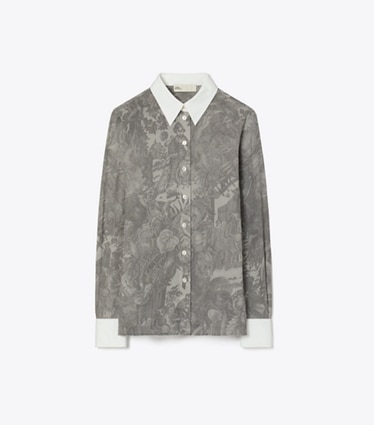 Tory Burch designer tops Printed Viscose Shirt in Light Gray Alien Toile front