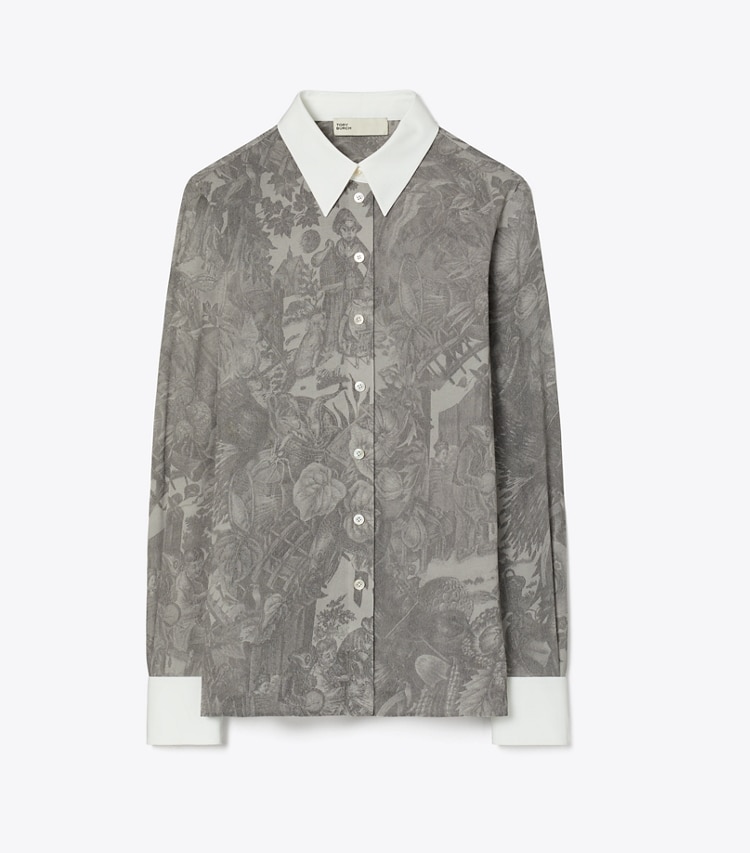 Tory Burch designer tops Printed Viscose Shirt in Light Gray Alien Toile front