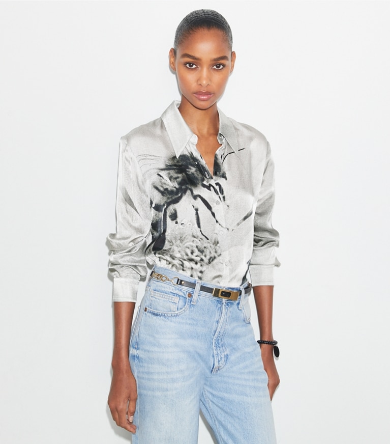 Tory Burch designer tops Printed Viscose Shirt in Gray Bee front