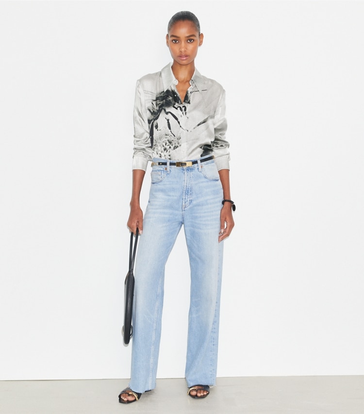 Tory Burch designer tops Printed Viscose Shirt in Gray Bee on model front