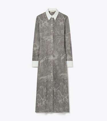 Tory Burch designer dresses Printed Viscose Shirtdress in Light Gray Alien front