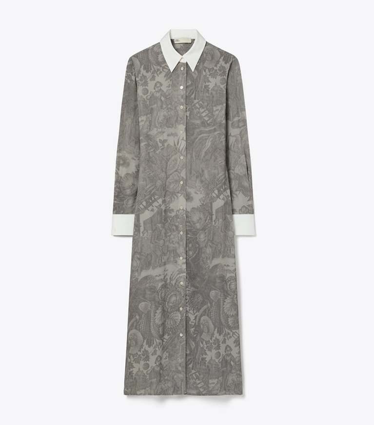 Tory Burch designer dresses Printed Viscose Shirtdress in Light Gray Alien front
