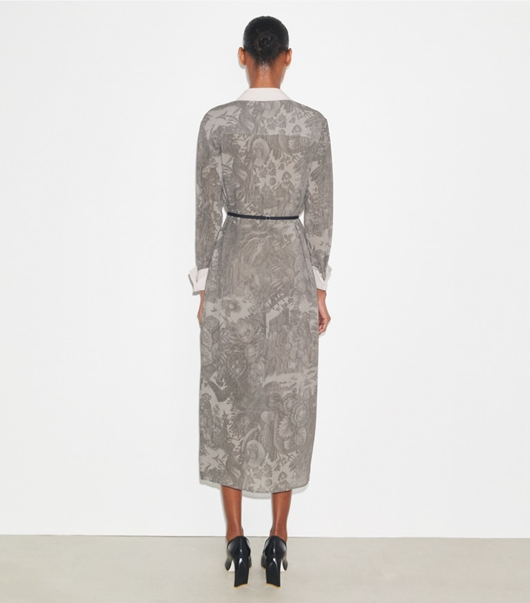 Tory Burch designer dresses Printed Viscose Shirtdress in Light Gray Alien front