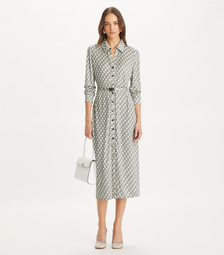 Tory Burch designer ドレス プリント レーヨン シャツドレス in Blue Mini Zebra モデル前面